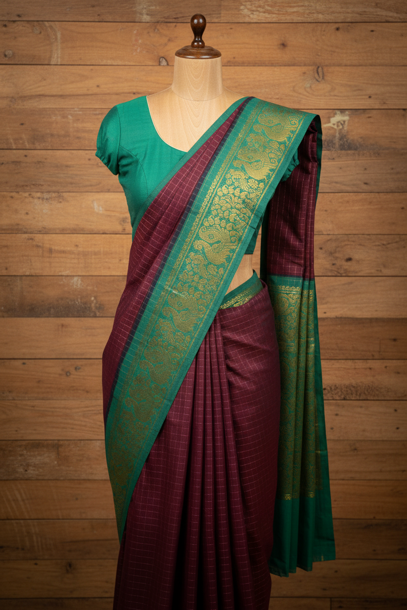 Sungudi Golden Zari Checked Maroon Saree with Green Border | TLL062