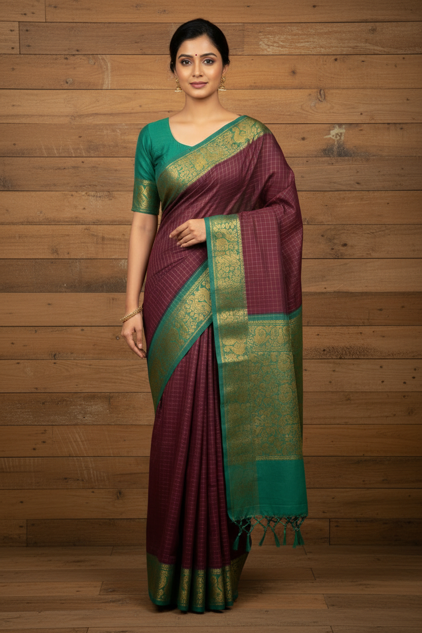 Sungudi Golden Zari Checked Maroon Saree with Green Border | TLL062