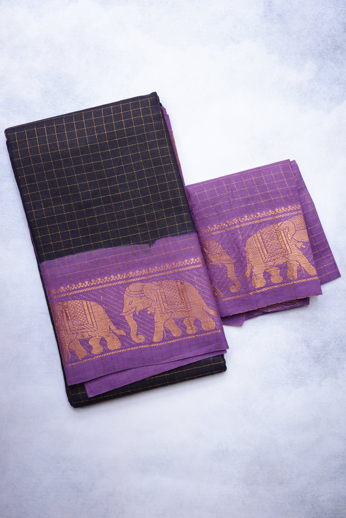 Sungudi Golden Zari Checked Black Saree with Violet Border
