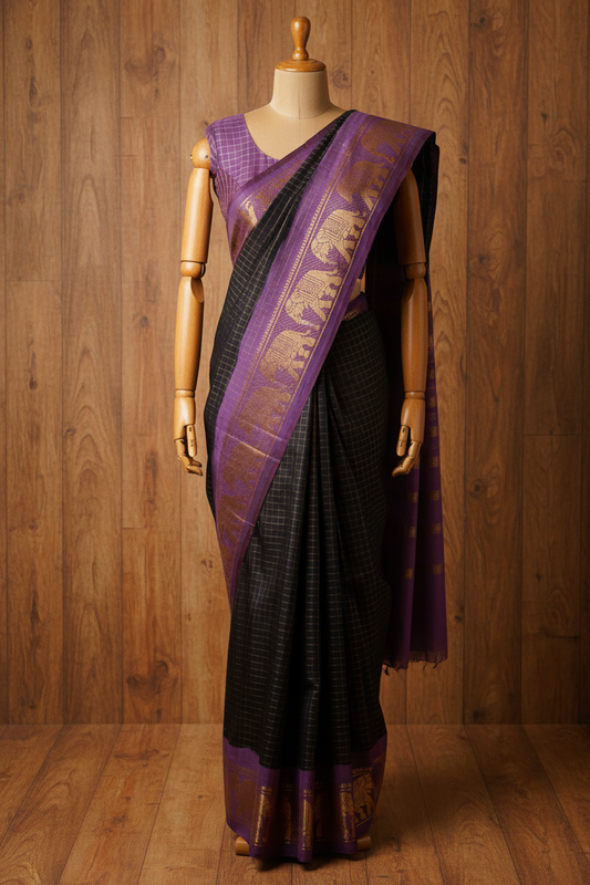 Sungudi Golden Zari Checked Black Saree with Violet Border | TLL057