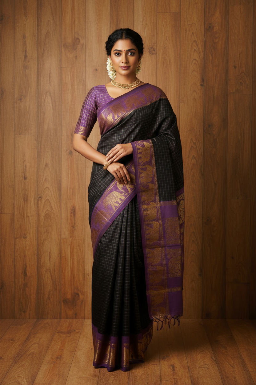 Sungudi Golden Zari Checked Black Saree with Violet Border | TLL057