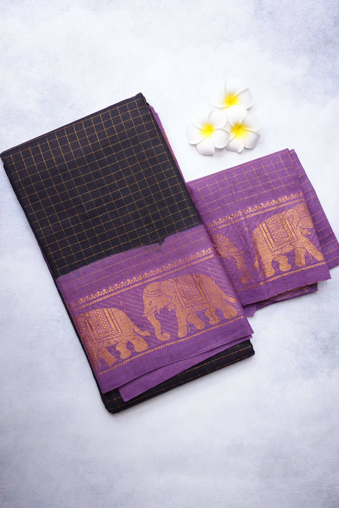 Sungudi Golden Zari Checked Black Saree with Violet Border