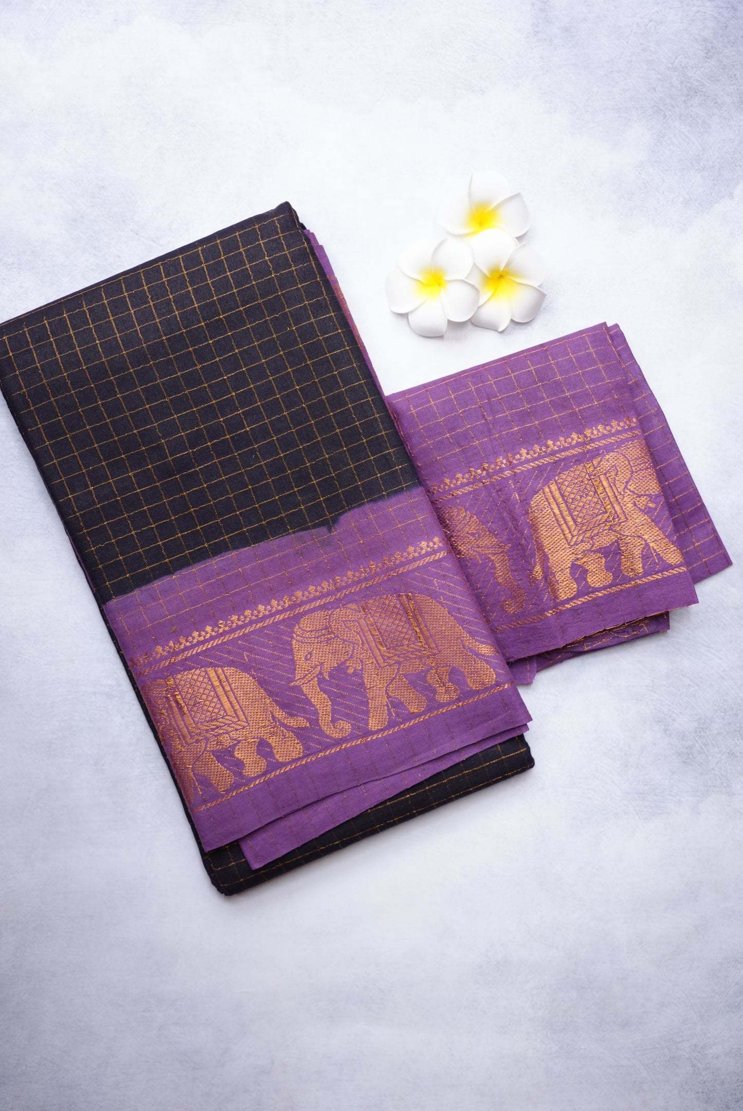 Sungudi Golden Zari Checked Black Saree with Violet Border