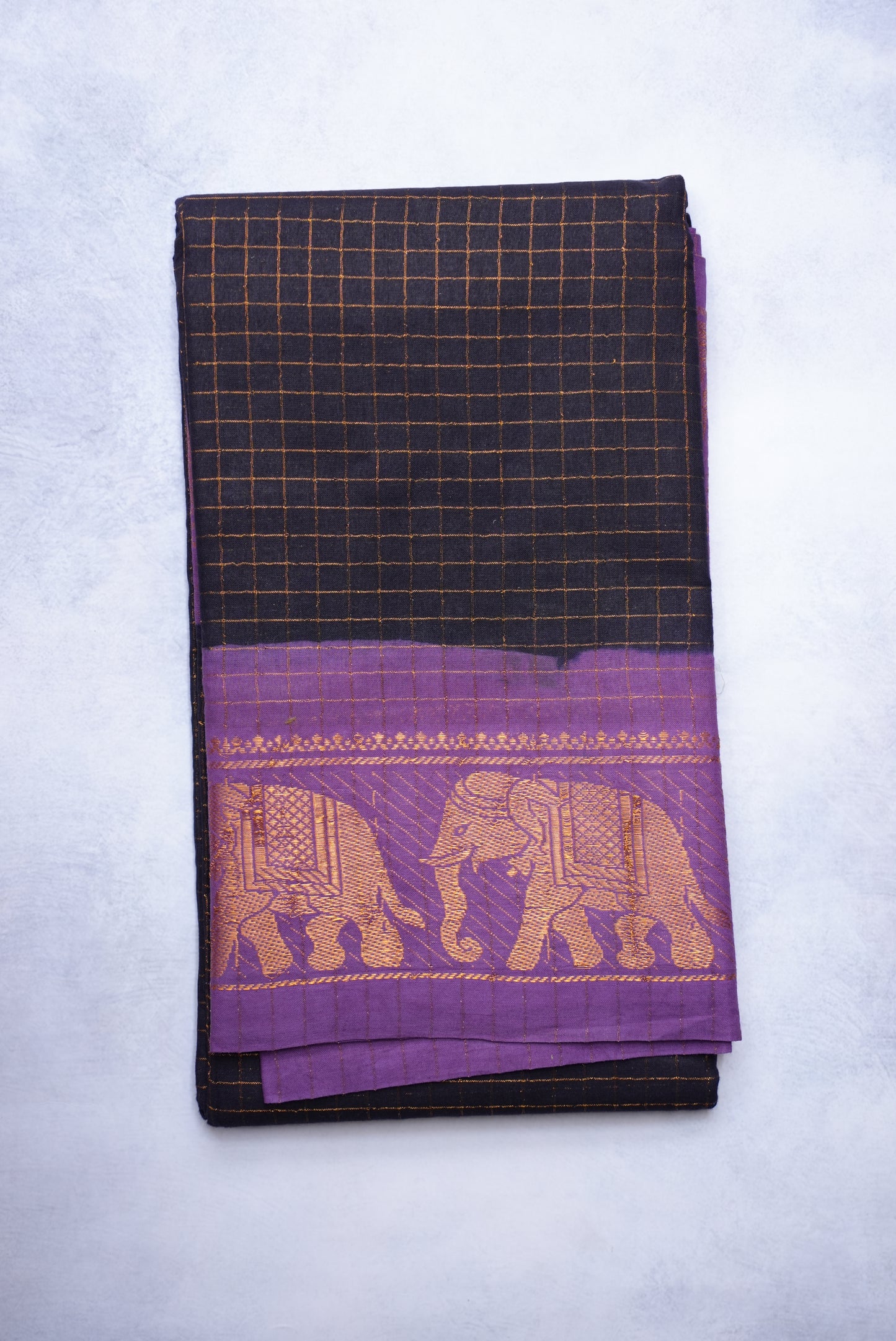 Sungudi Golden Zari Checked Black Saree with Violet Border