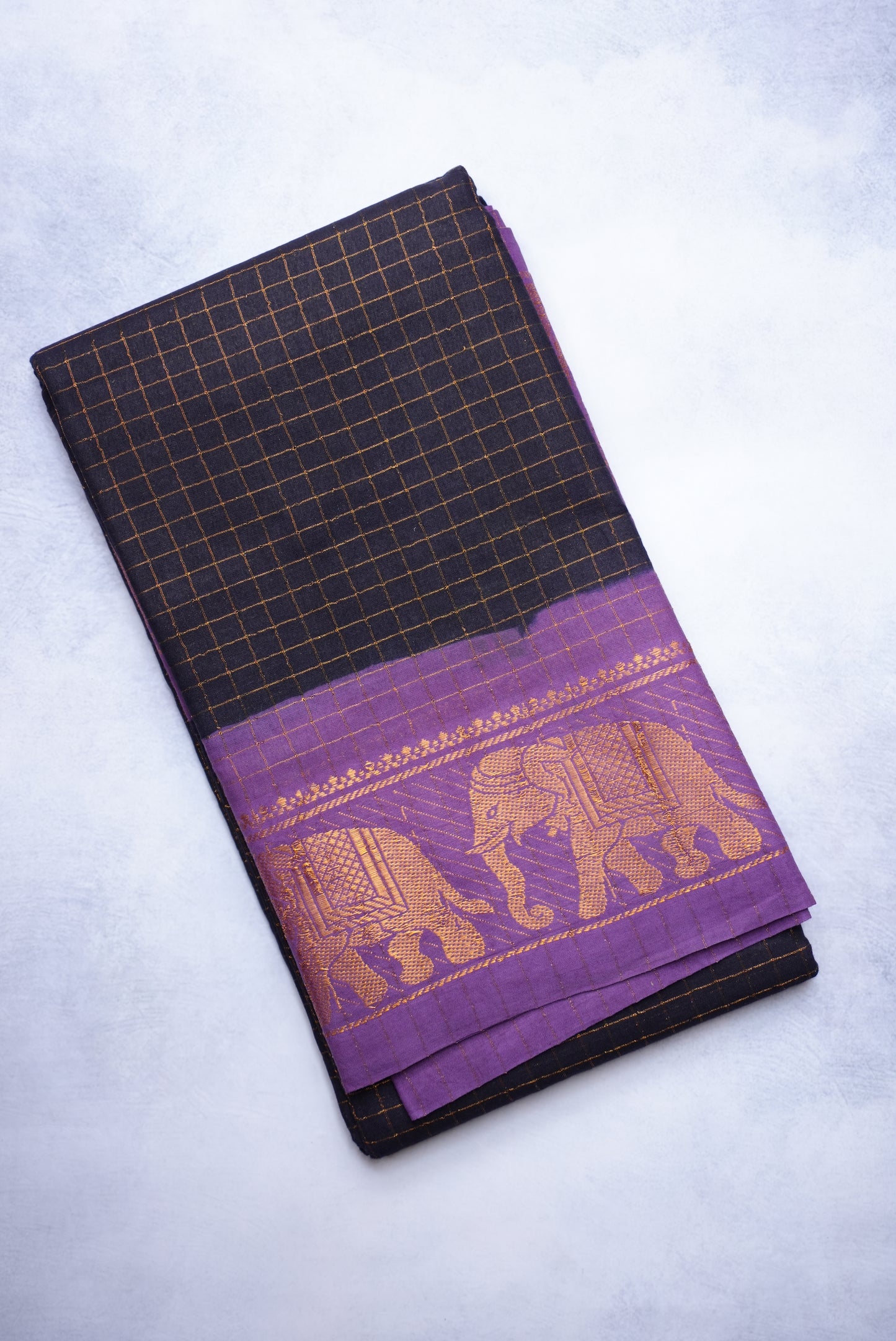 Sungudi Golden Zari Checked Black Saree with Violet Border