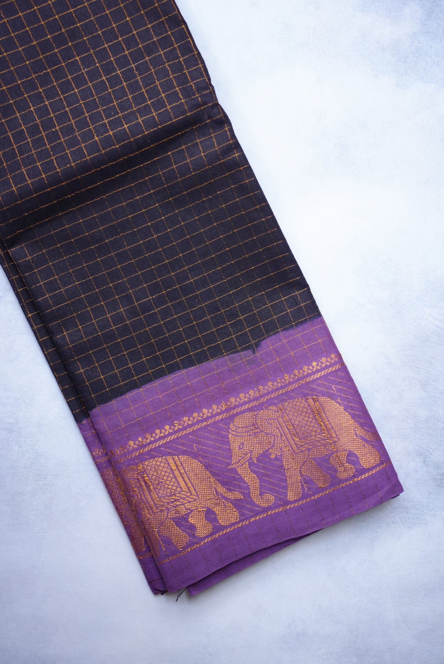 Sungudi Golden Zari Checked Black Saree with Violet Border
