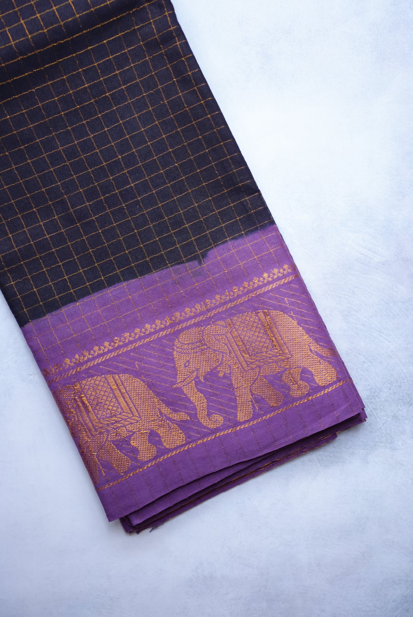 Sungudi Golden Zari Checked Black Saree with Violet Border