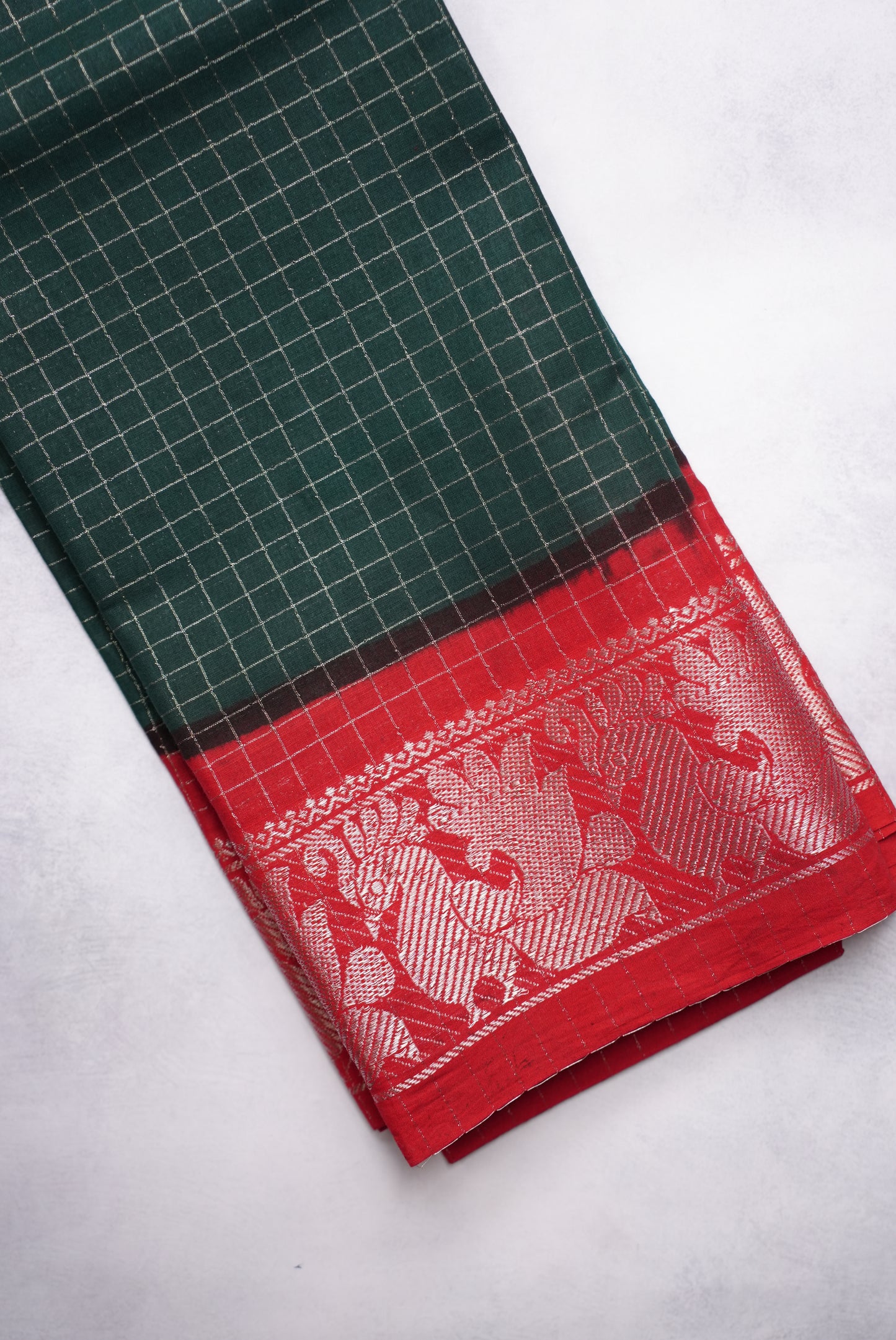 Sungudi Saree Silver Zari Checked bottle green saree with red border