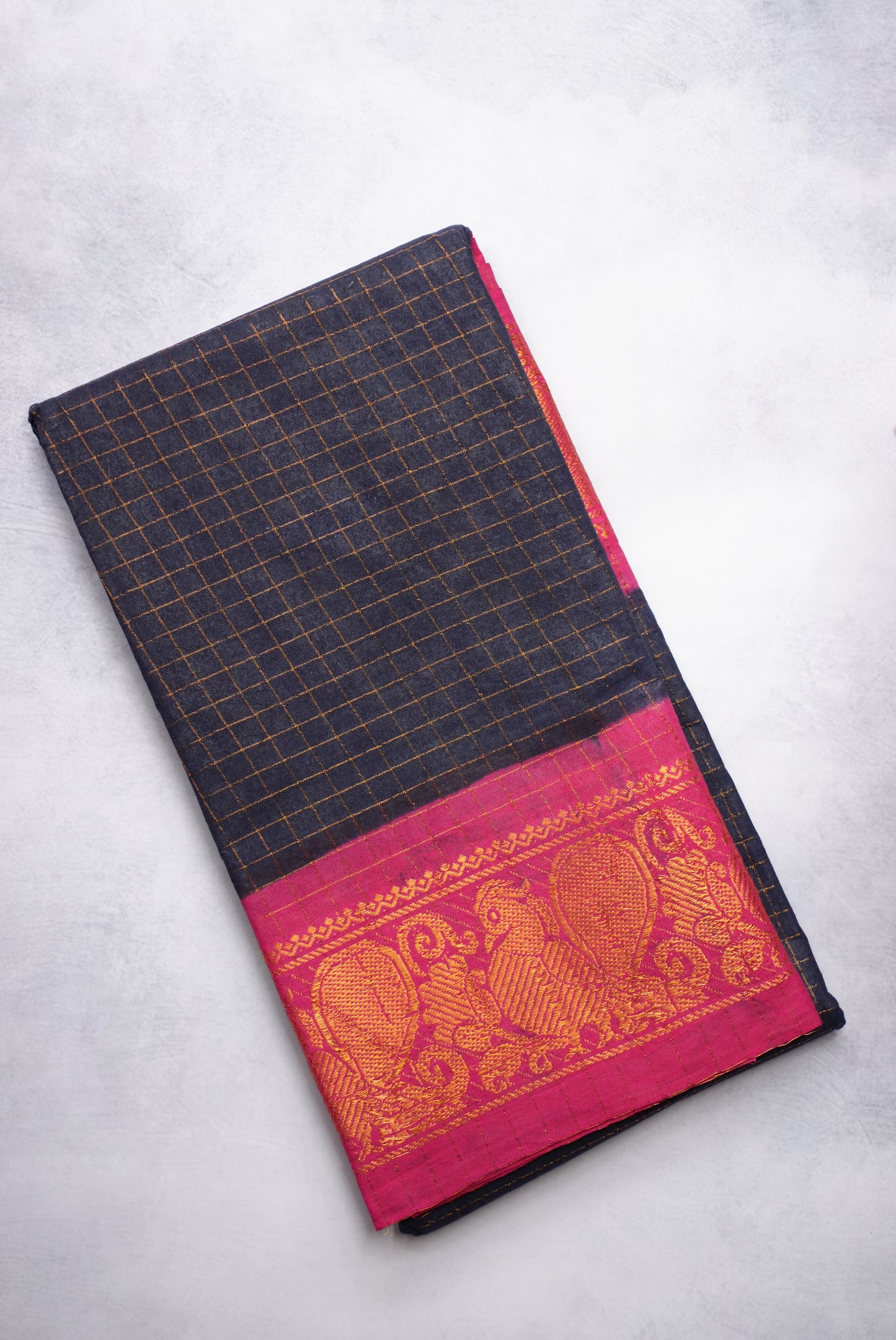 Sungudi Golden Zari Checked Black Saree with Pink Border