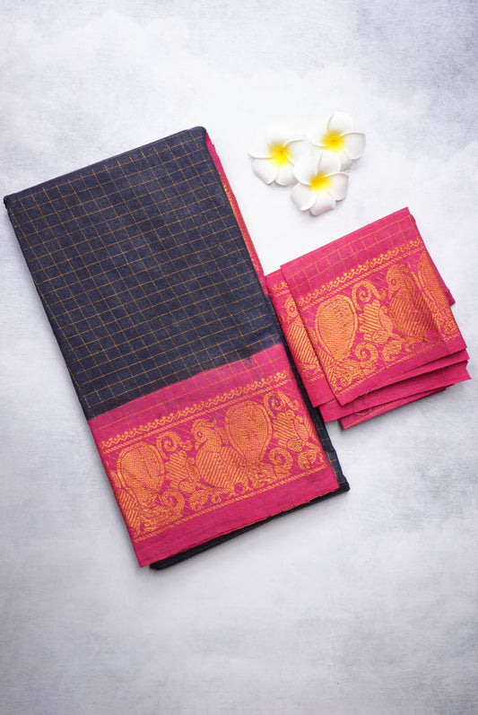 Sungudi Golden Zari Checked Black Saree with Pink Border