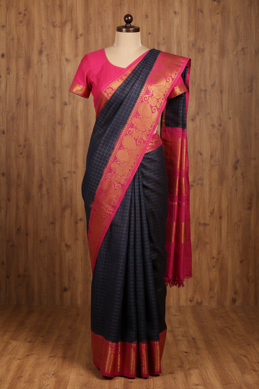Sungudi Saree - Golden Zari Checked Black Saree with Pink Border | TLL063