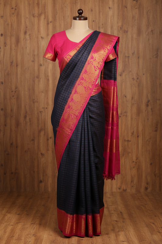 Sungudi Saree - Golden Zari Checked Black Saree with Pink Border | TLL063