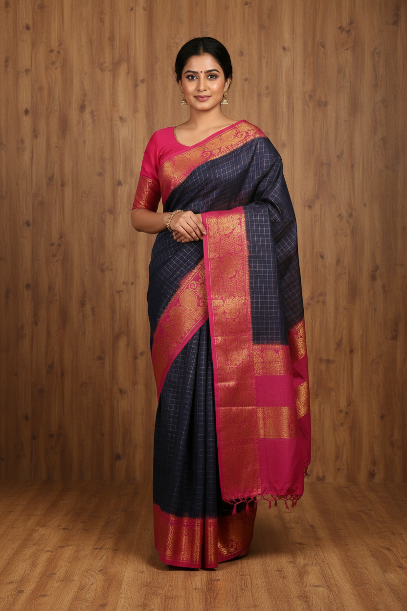 Sungudi Saree - Golden Zari Checked Black Saree with Pink Border | TLL063