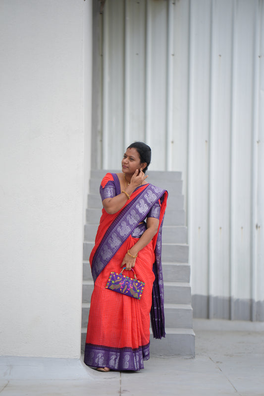 Orange Sungudi Cotton Saree with Violet Border – Traditional Cotton Saree with Blouse Piece