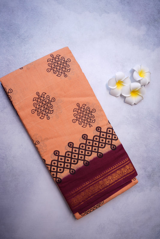 Kolam Printed Saree – Pastel Shade with Black Kolam Print - Sungudi saree