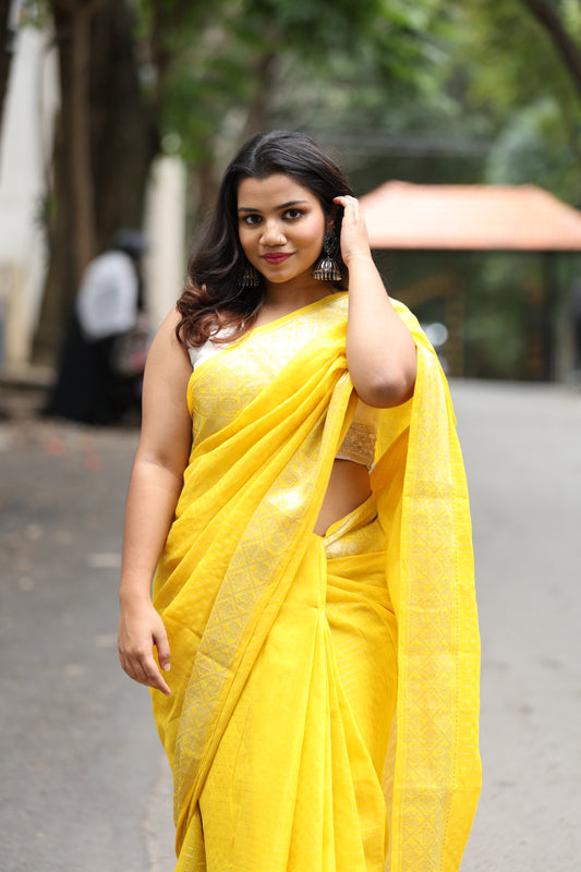 Yellow Sungudi Cotton Saree with Silver Checks Sungudi cotton saree - Pre order