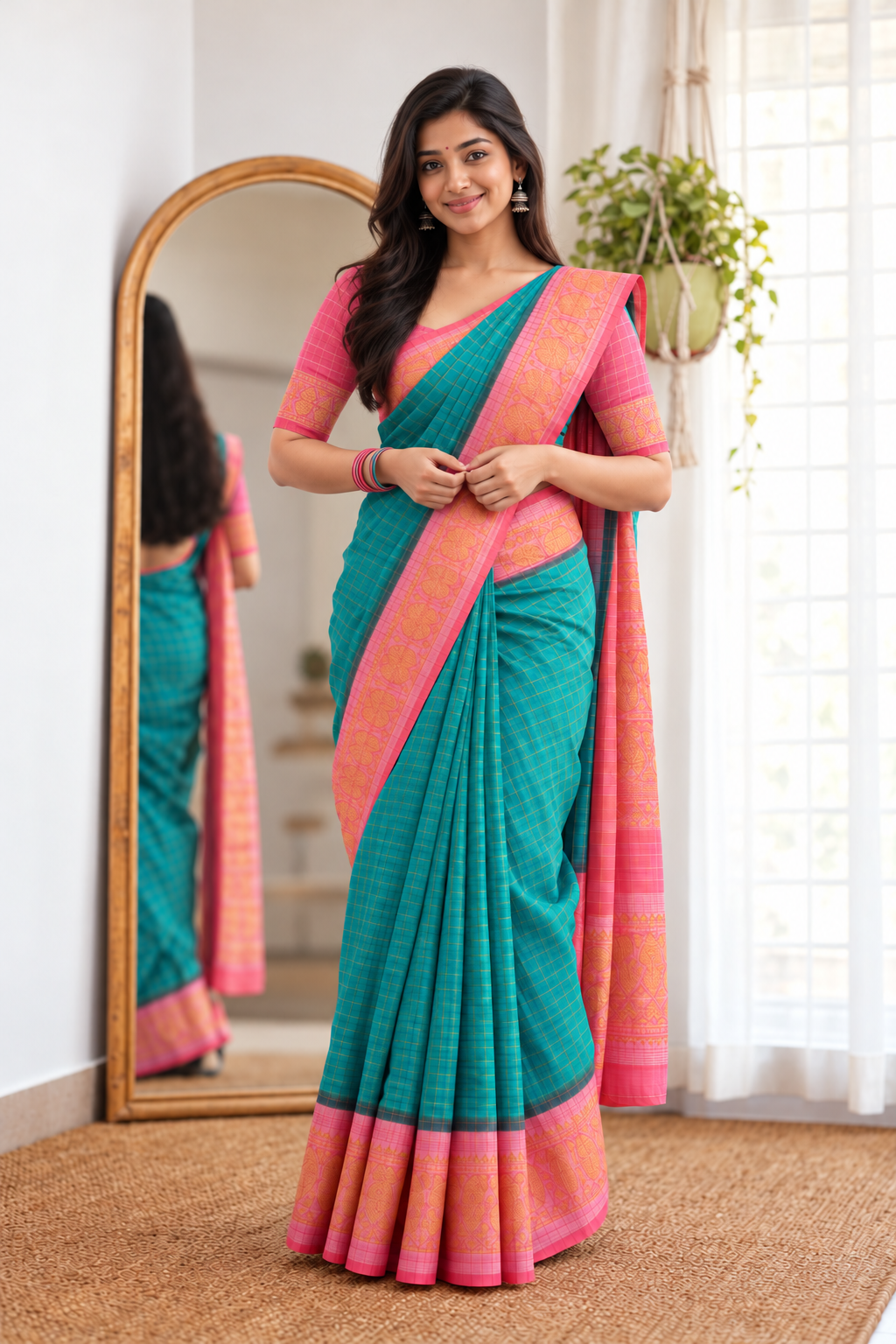 Golden Checked Sungudi Cotton Saree Green | TLL378