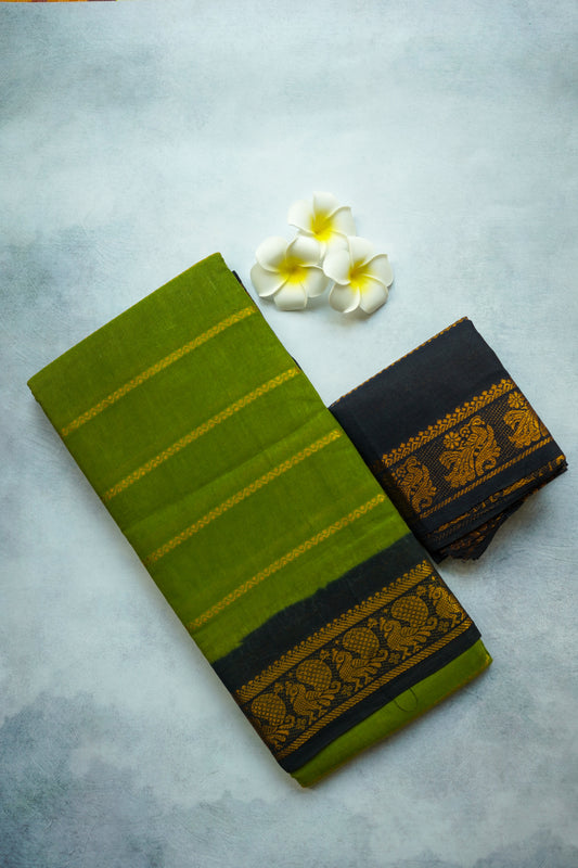 Velthari Mehandi Green Saree with Black Border and Black Blouse