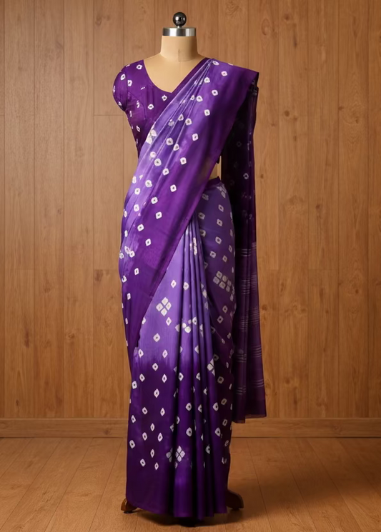 Purple fabric with white geometric patterns on a beige background