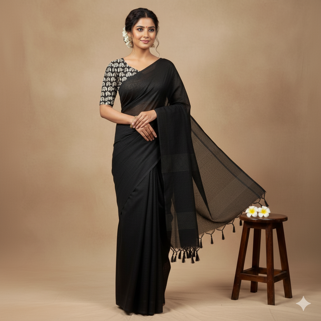 Plain Black Kadhi Cotton Saree with Attached Blouse Featuring Elephant Motif | The Laya Looms