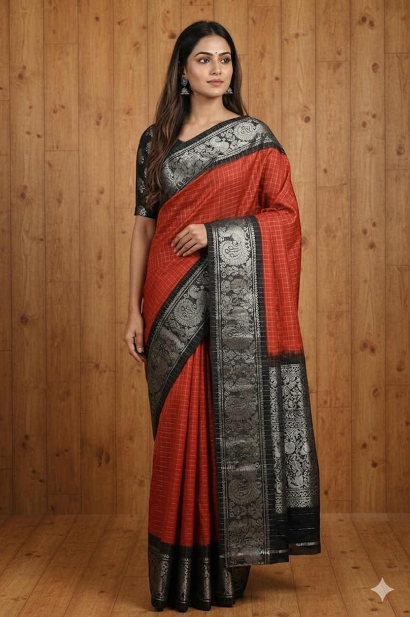 Silver zari Saree with Brown and Black Border Sungudi saree