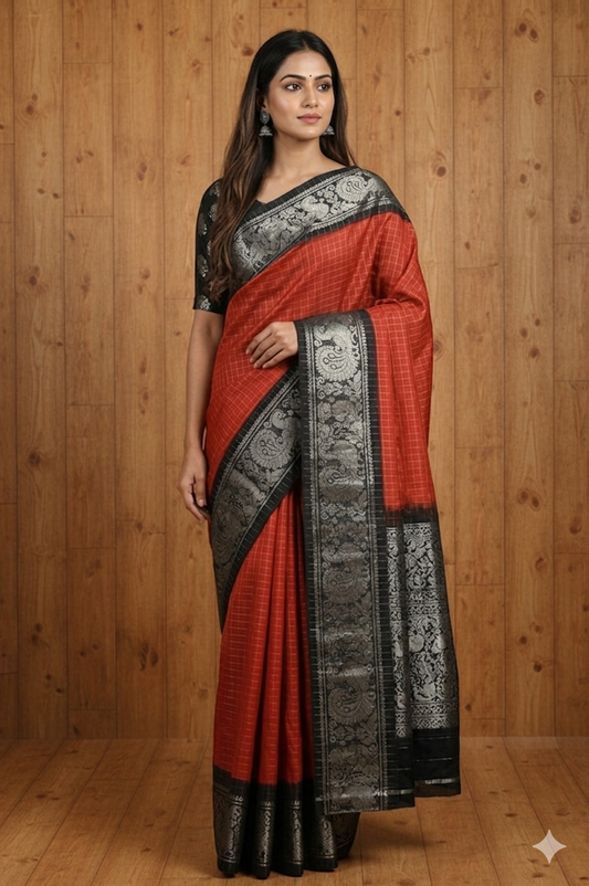 Silver zari Saree with Brown and Black Border Sungudi saree