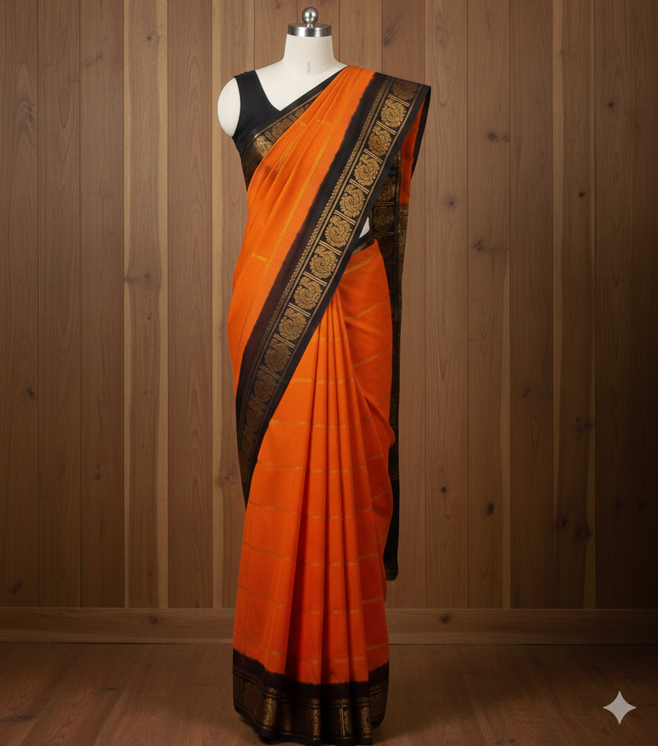 Orange Velthari Sungudi Cotton Saree with Black Border - with blouse