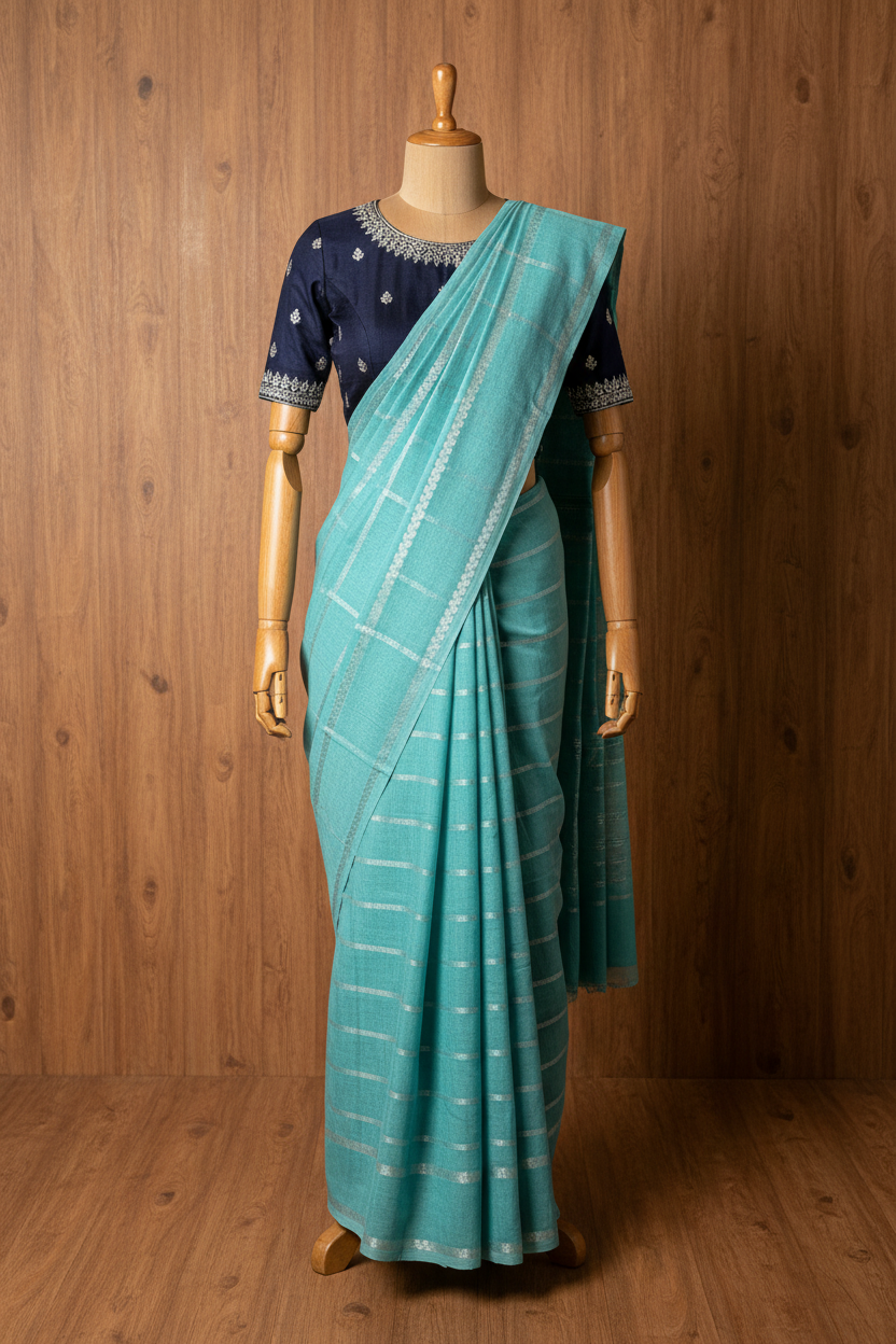 Teal fabric with white stripes and a navy band with white patterns on top, accompanied by small flowers.