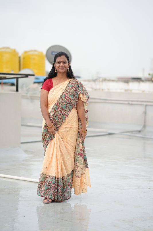 Kalamkari Printed Sungudi Cotton Saree with 10-Inch Border – Pure Cotton Saree Without Blouse