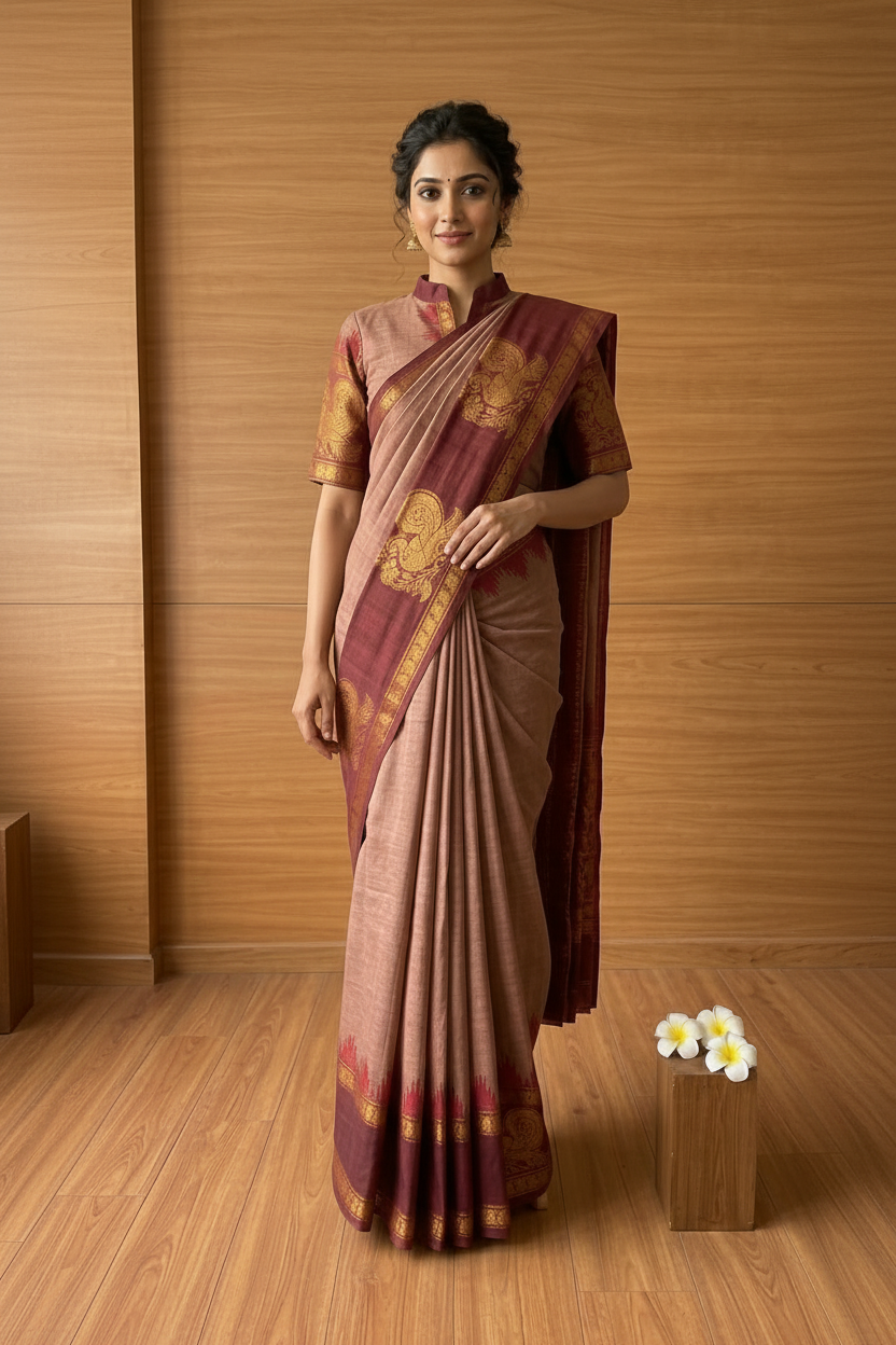 Kanchi Cotton Saree Maroon Border with Annam Design | TLL186