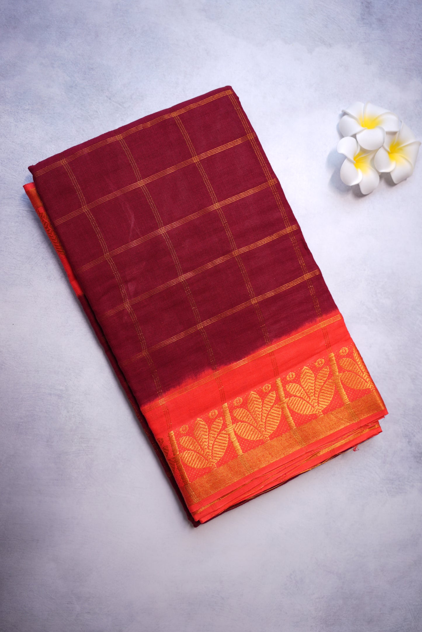 Red Kattam Saree with Orange Border