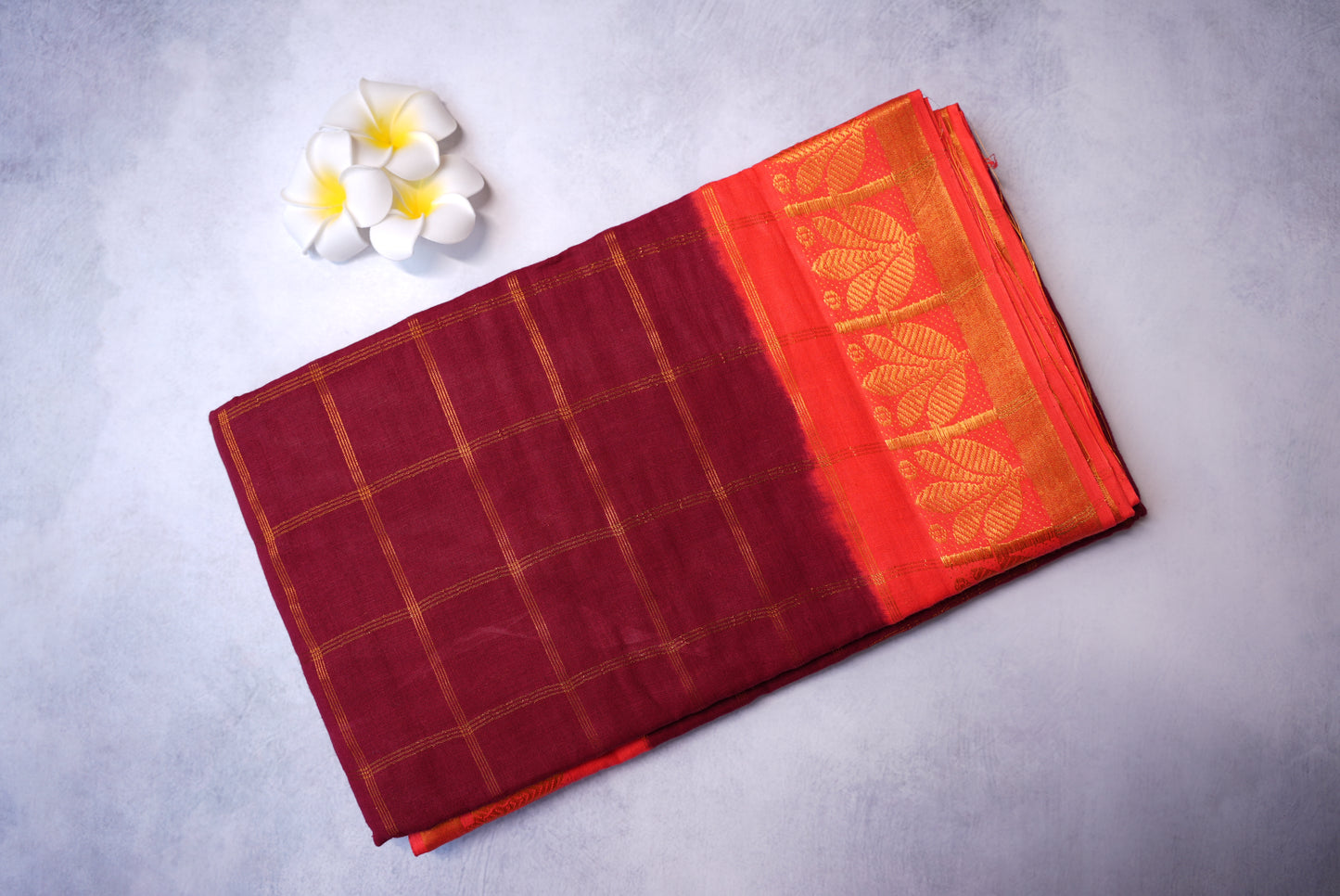 Red Kattam Saree with Orange Border