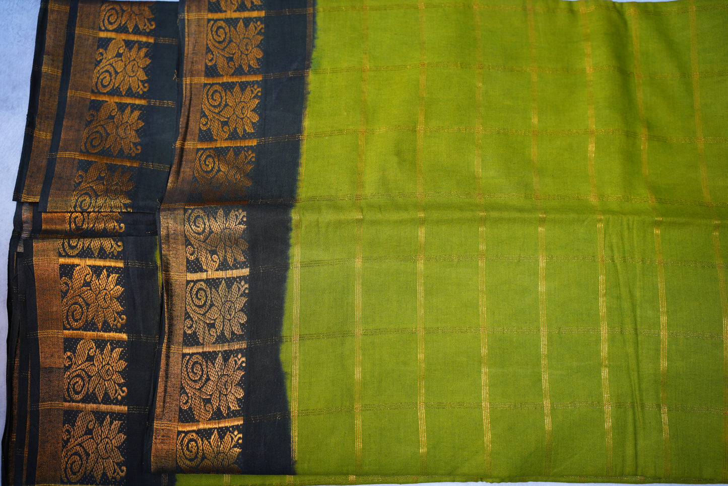 Green Saree with black Border and Kattam Printed Design