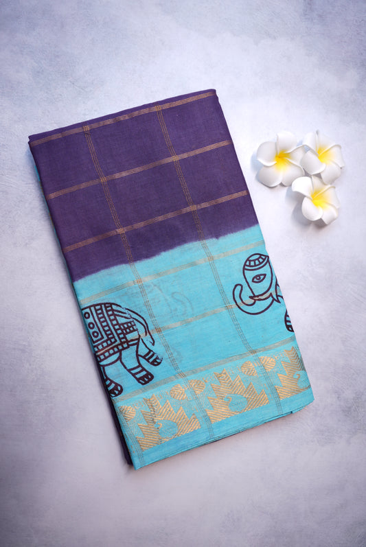 Blouse Saree with Teal Blue Border, Kattam Sungudi Design, and Elephant Motifs