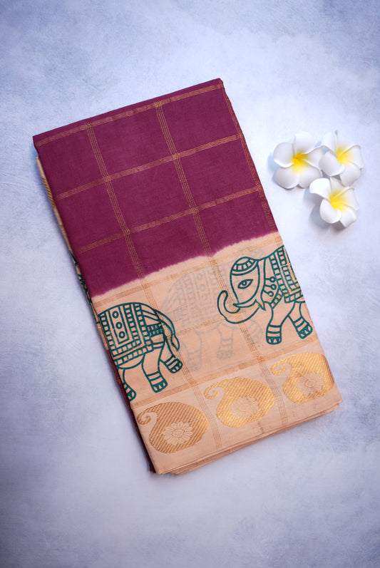 Elephant Printed and Kattam Design Sungudi Saree with Brown Base and Pastel Cream Border