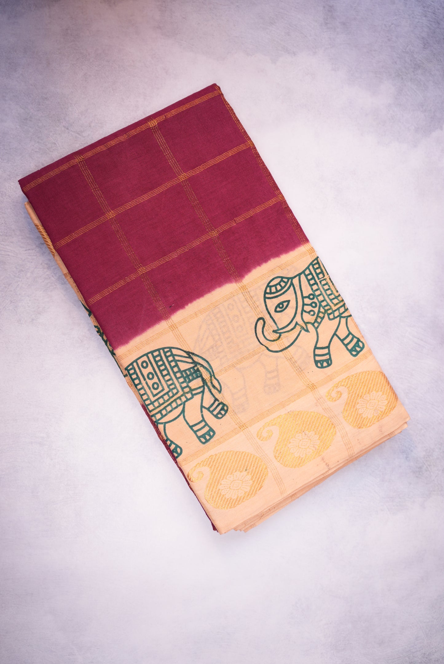 Elephant Printed and Kattam Design Sungudi Saree with Brown Base and Pastel Cream Border