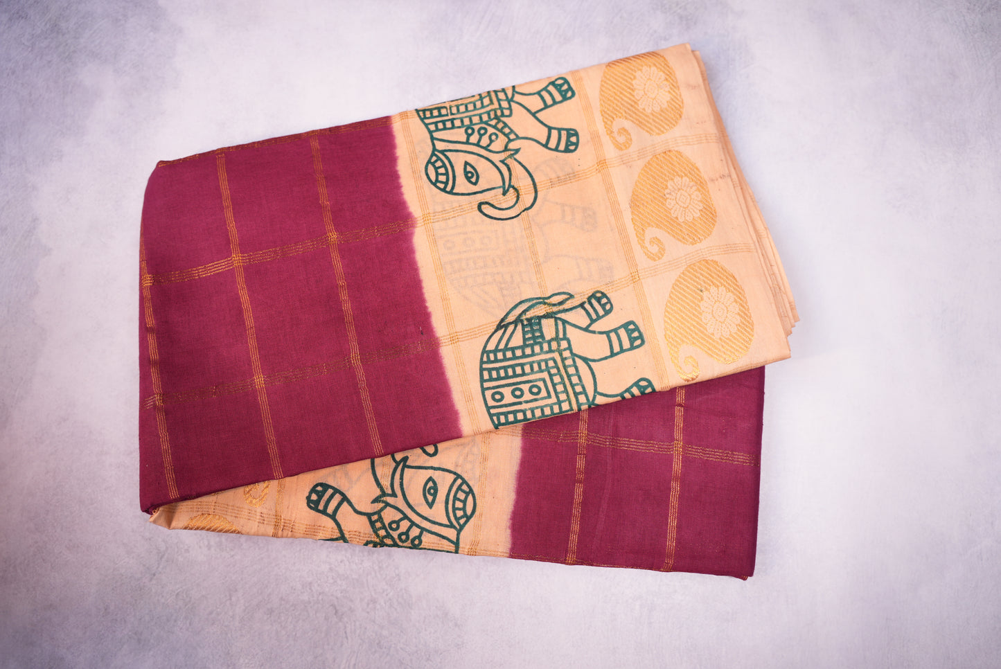 Elephant Printed and Kattam Design Sungudi Saree with Brown Base and Pastel Cream Border