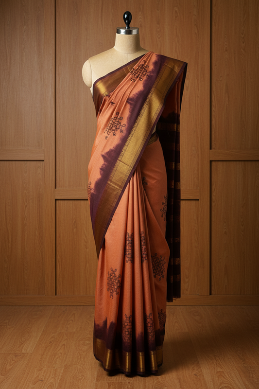 Two folded fabrics with decorative patterns on a gray surface, accompanied by white flowers.