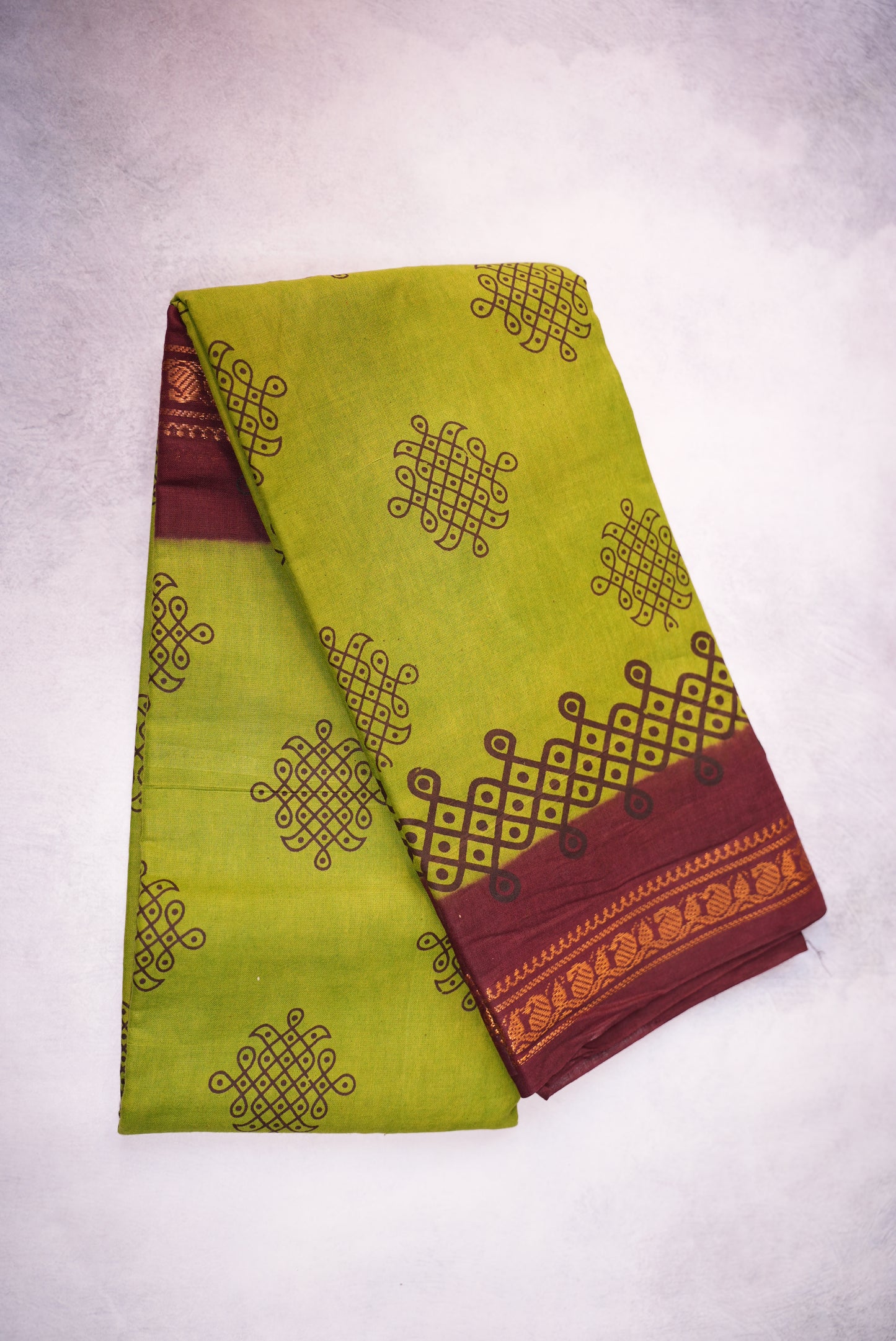 Kolam Printed Saree – Mehendi Green with Marron Border