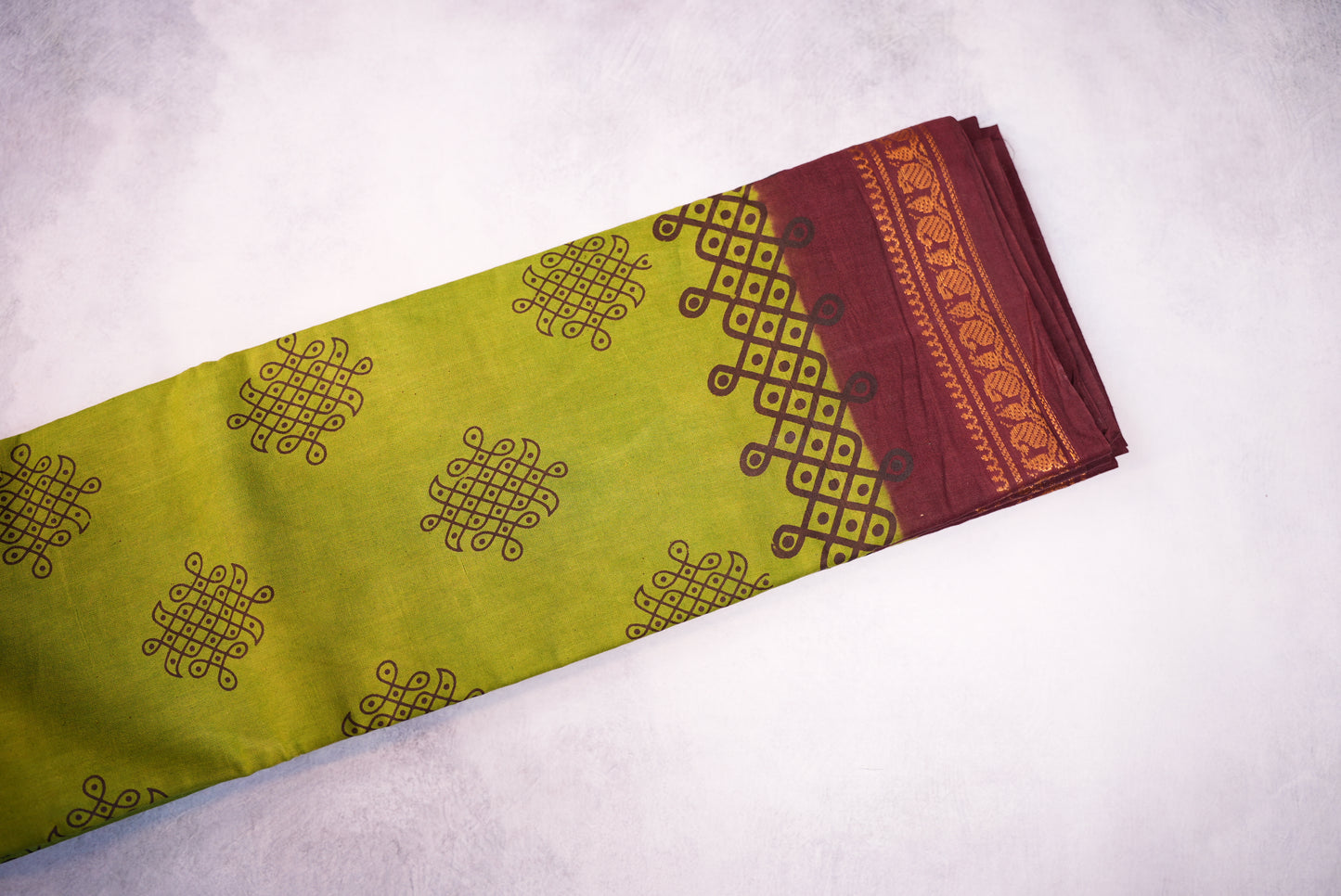 Kolam Printed Saree – Mehendi Green with Marron Border