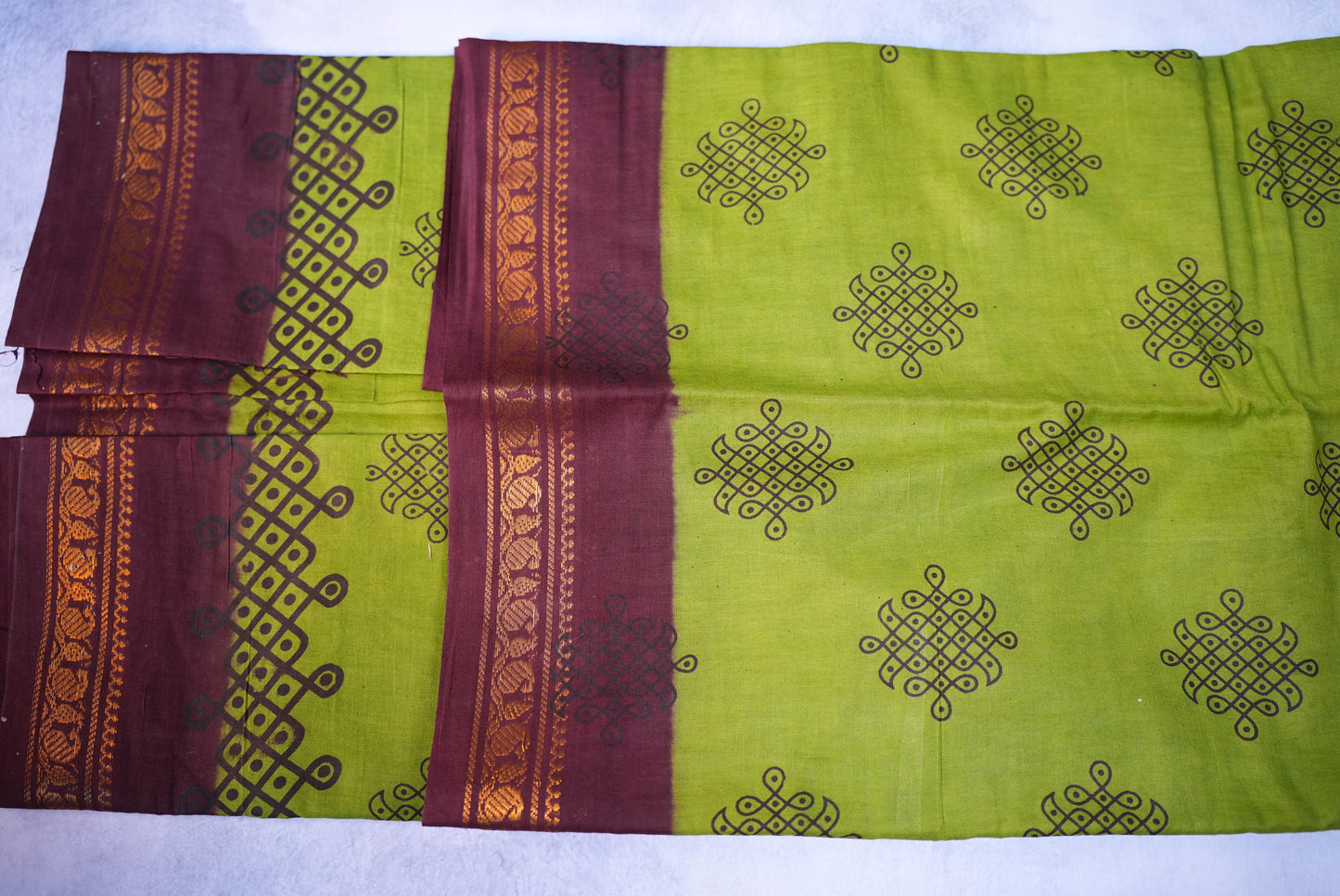Kolam Printed Saree – Mehendi Green with Marron Border