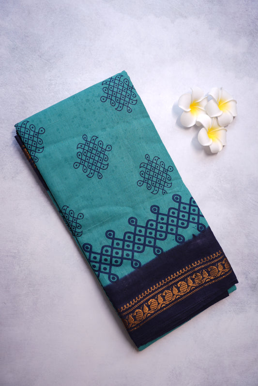 Kolam Printed Saree – Pastel Blue with Dark Blue Border
