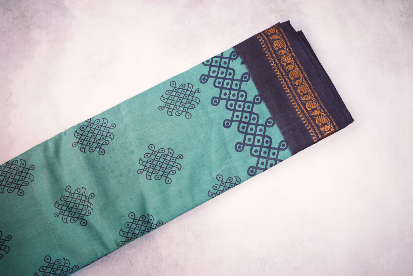 Kolam Printed Saree – Pastel Blue with Dark Blue Border