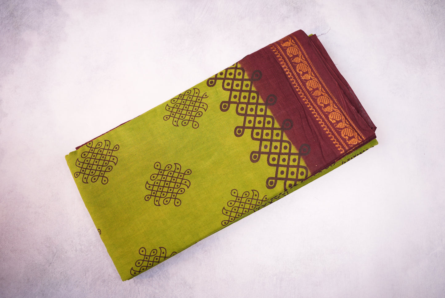 Kolam Printed Saree – Mehendi Green with Marron Border
