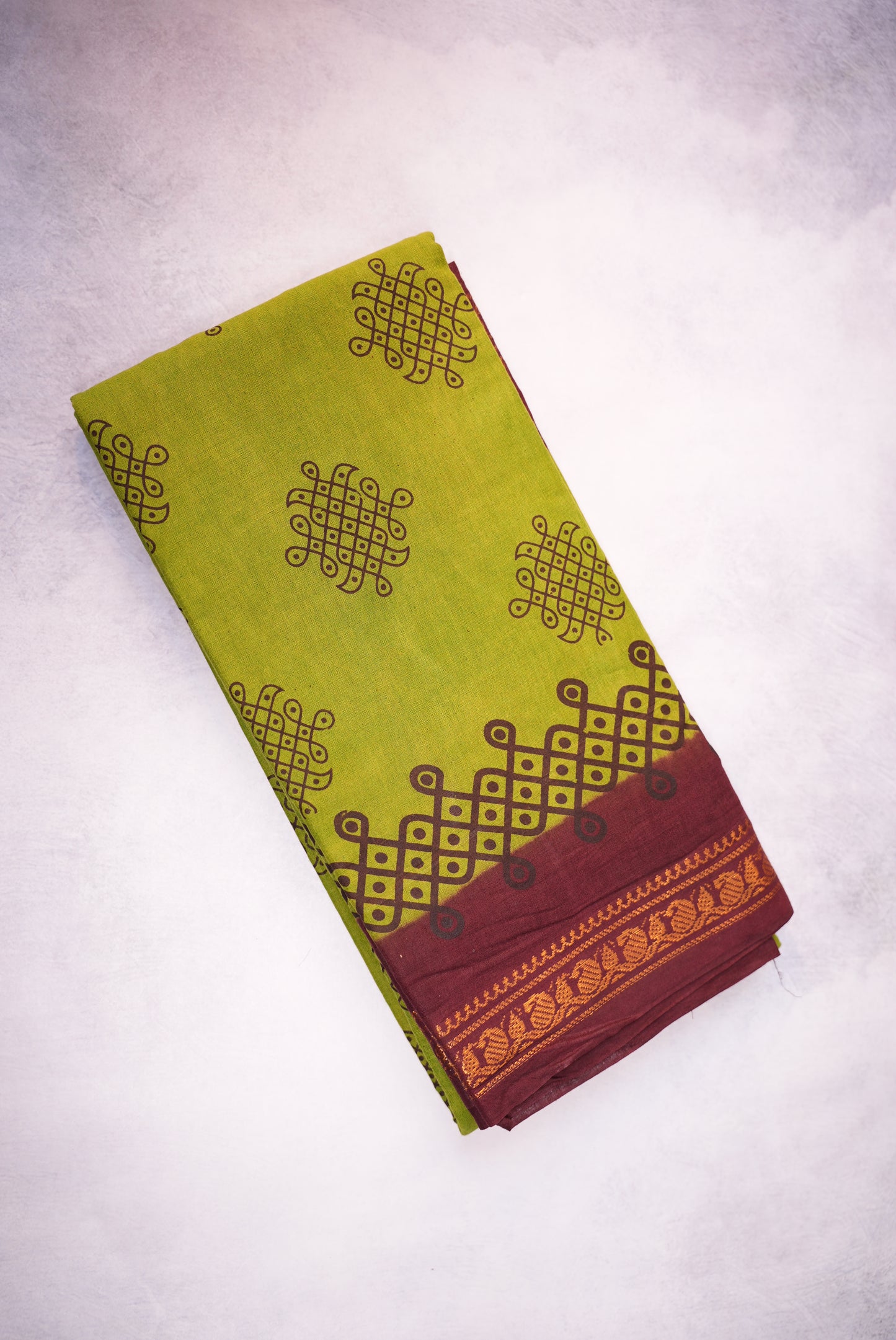 Kolam Printed Saree – Mehendi Green with Marron Border