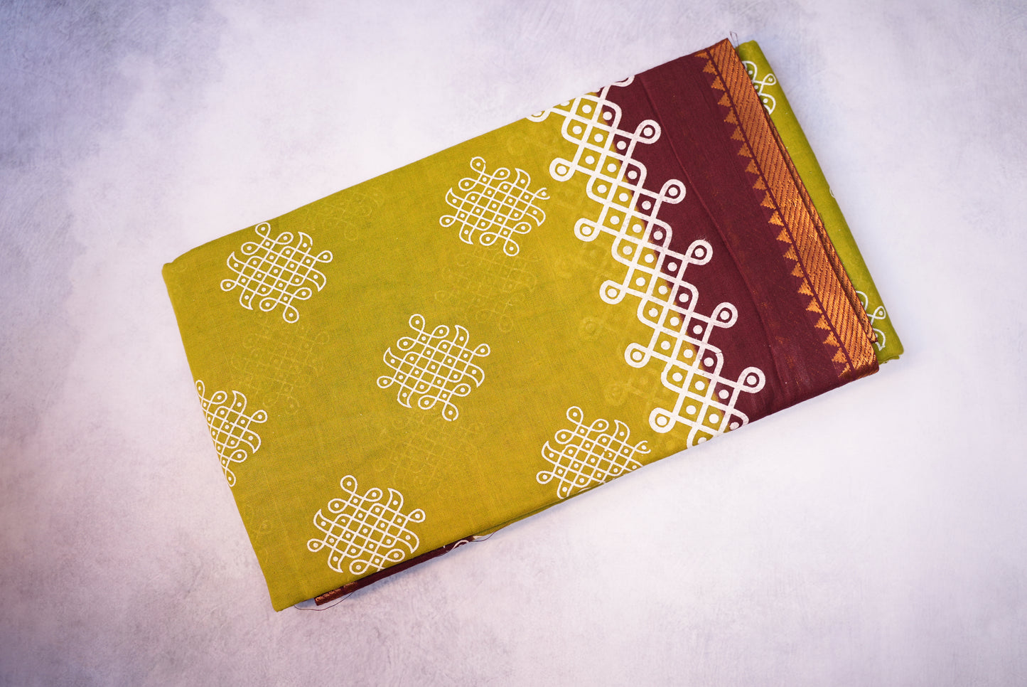 Kolam Printed Sungudi Saree – Mehendi Green with Brown Border (With Blouse)
