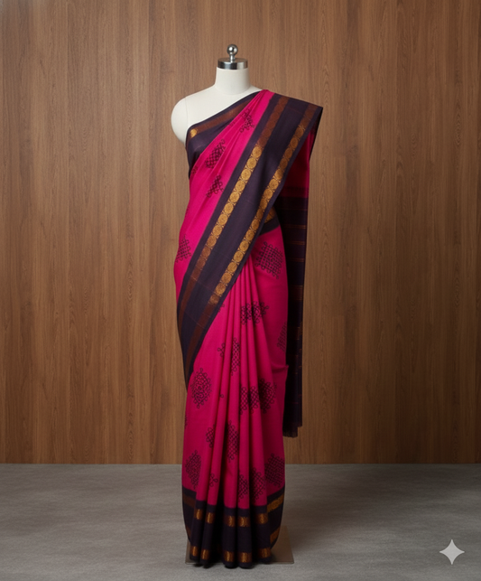 Kolam sungudi | Pink Saree with Black border
