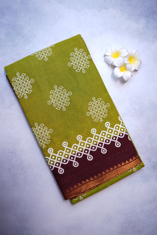 Kolam Printed Sungudi Saree – Mehendi Green with Brown Border (With Blouse)