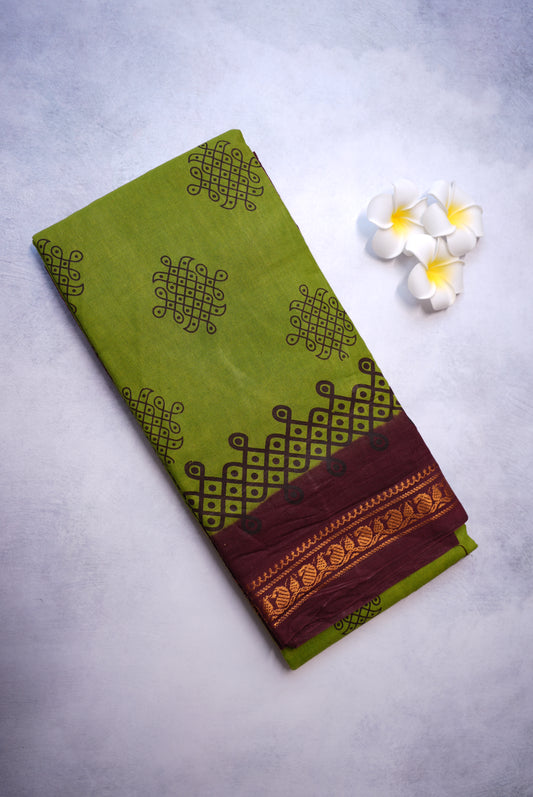 Kolam Printed Saree – Mehendi Green with Marron Border