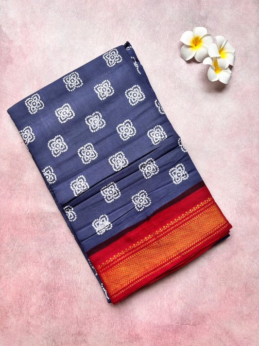 Authentic Soft Sungudi Cotton Saree – Blue with Floral Motifs & Brown Border